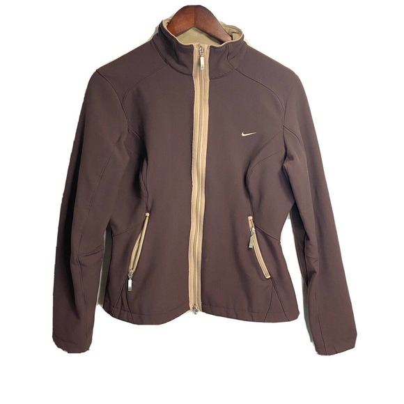 Vintage Nike Women’s Tiny Check Full Zip Softshell Jacket Brown Gold Size Medium - Picture 1 of 5